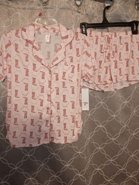 Light Pink-Bows- Western Boots Pajama Shorts Set